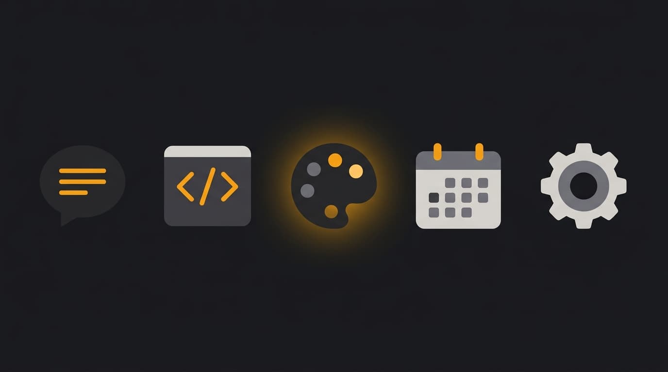 Grid showing five AI tool icons on a dark interface